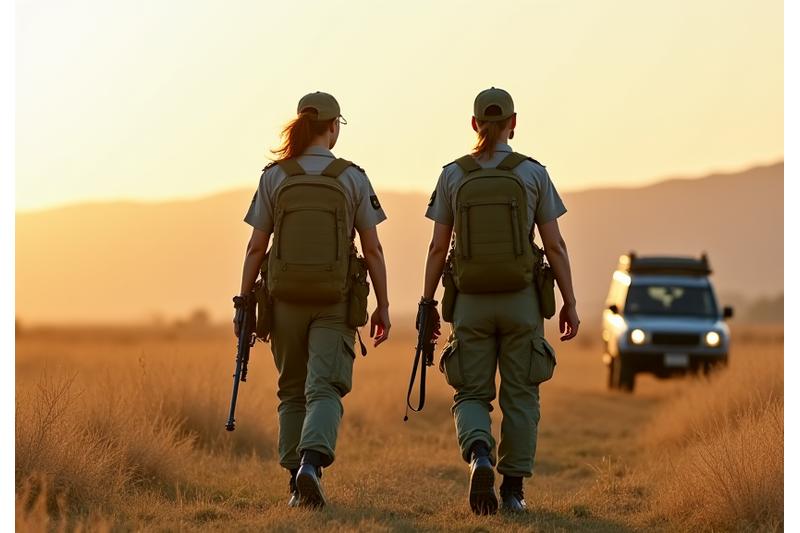 Wildlife conservation rangers on patrol in African savanna, symbolizing protection efforts.