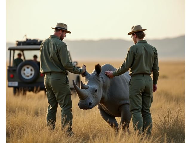 Researchers tagging a rhinoceros in a conservation effort, with a jeep and serene landscape in background.
