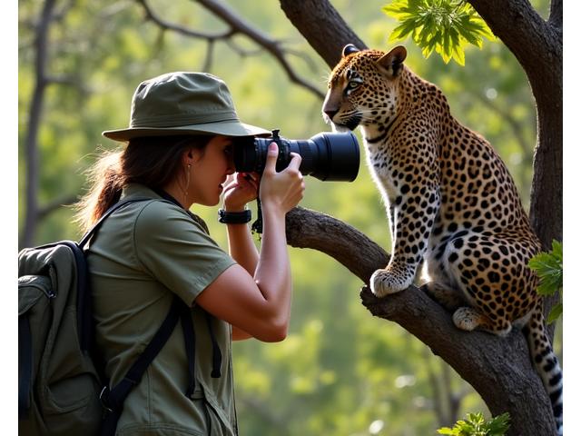 Photographer with a telephoto lens on safari, capturing a leopard from a hidden vantage point.