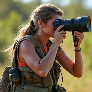 Female wildlife photographer with professional camera and lenses in a khaki vest in the field.