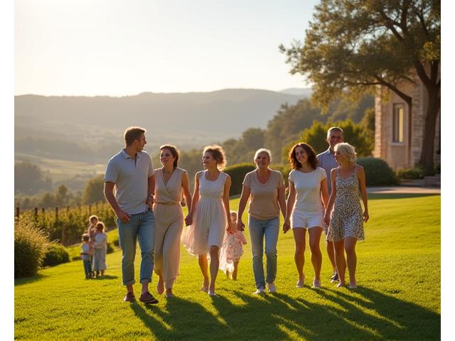 Joyful multigenerational family gathering at a sprawling luxury estate