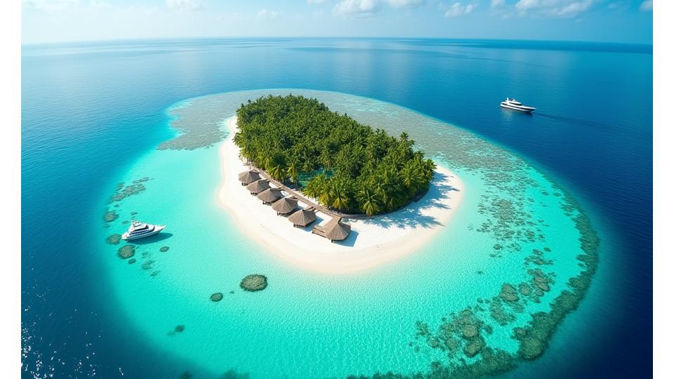 Drone shot of a pristine private island resort amidst turquoise waters