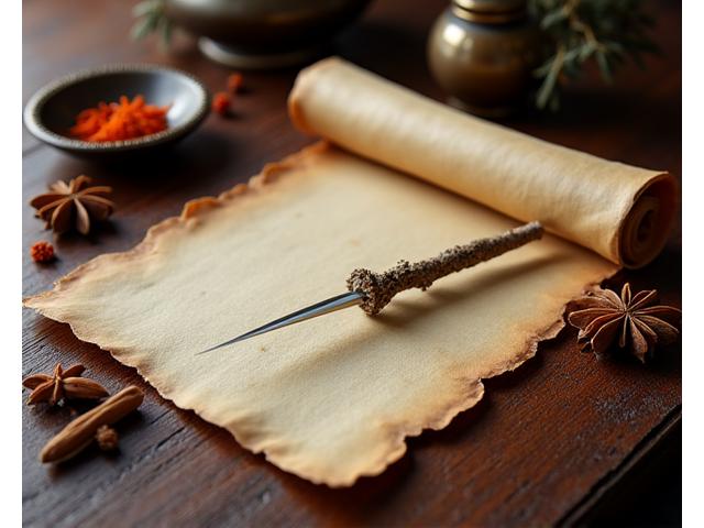 An ancient parchment scroll with a quill and various spices, symbolizing food history.