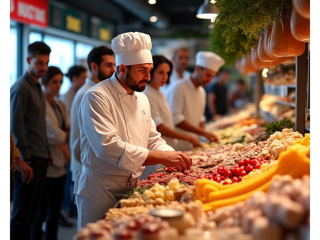 A chef guiding a food market tour, selecting fresh ingredients.