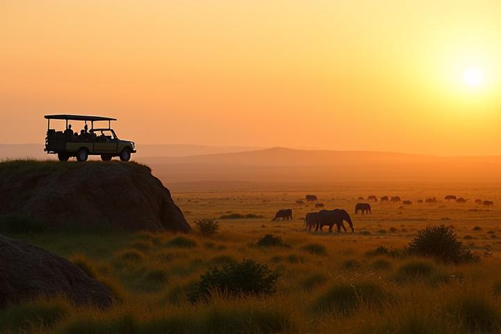 Family with telescope on an African safari overlooking vast plains