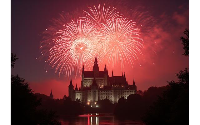 Grand fireworks display over a historic castle at night