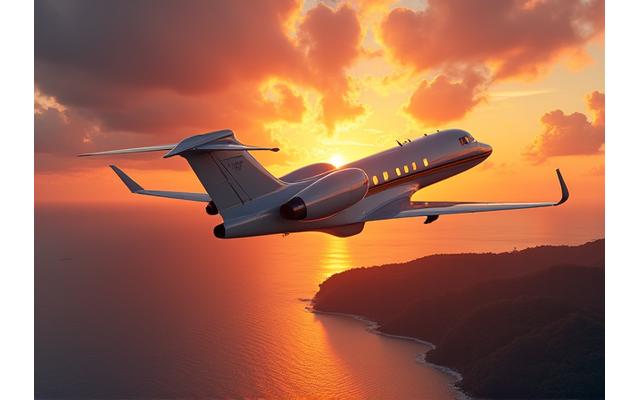 Private jet taking off at sunset over tropical island