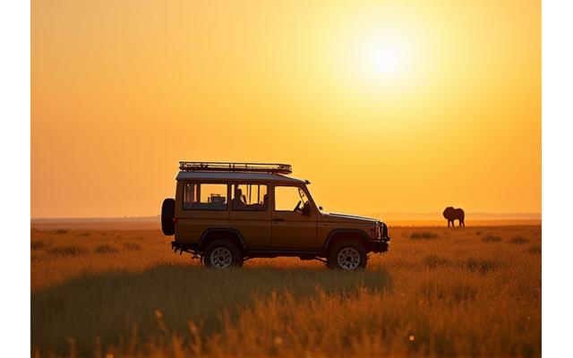 Safari jeep on an open savanna with giraffes in the distance
