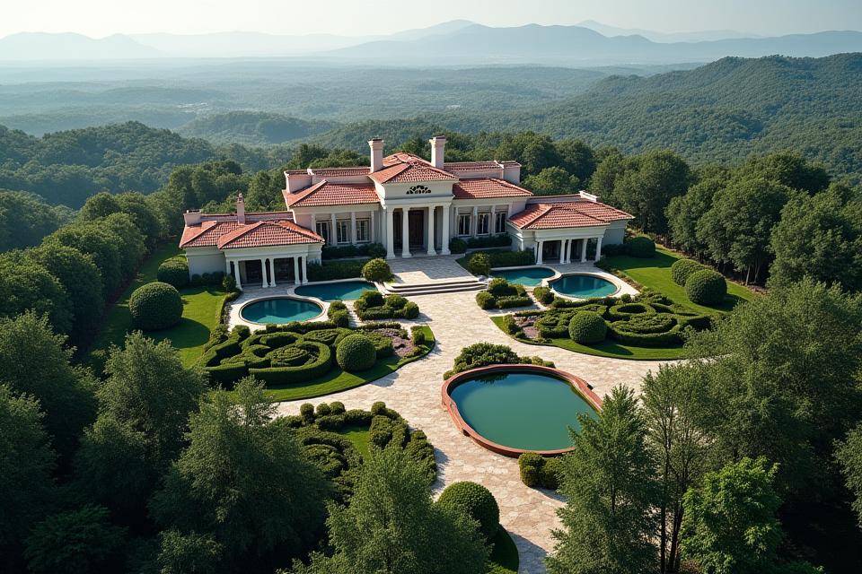 Expansive luxury estate with manicured gardens and multiple buildings