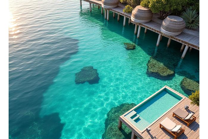 Overwater bungalows line a clear turquoise lagoon with tropical fish visible