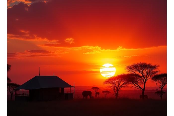 Luxurious safari tent under a dramatic African sunset with elephants in the distance