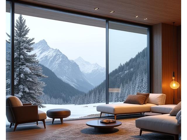 Elegant mountain lodge with large windows overlooking a stunning vista