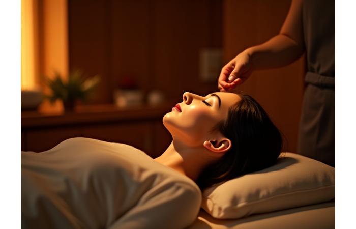 A traditional Ayurvedic Shirodhara treatment being performed in a luxurious, dimly lit spa setting, calm and peaceful atmosphere