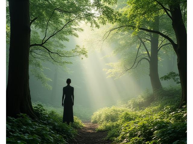 Ancient forest wellness center with mist rising from the ground, person practicing forest bathing, dappled sunlight, grounding experience