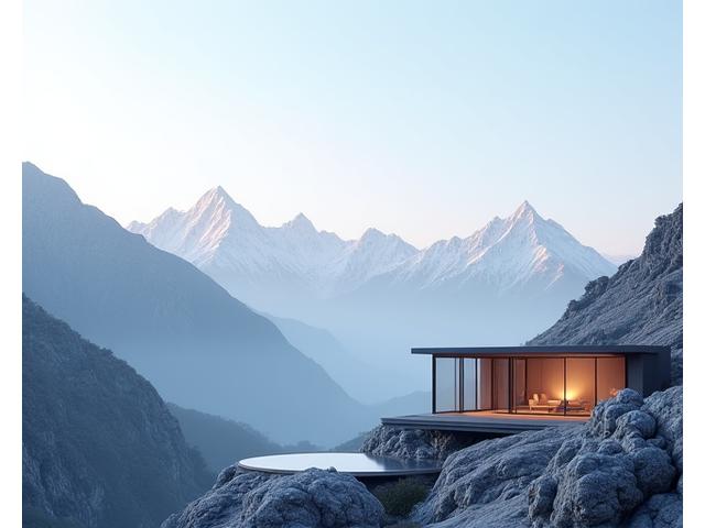 Serene mountain retreat with clear pure air, a meditation pavilion overlooking the Himalayan peaks at dawn, calm atmosphere