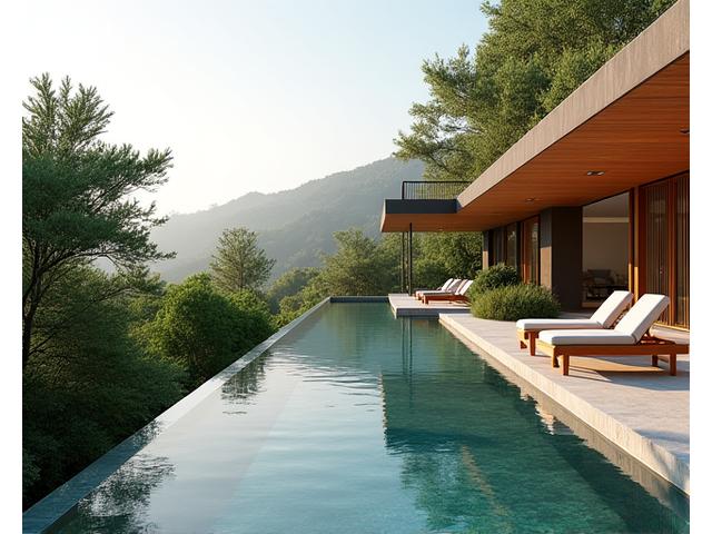 Luxurious private wellness villa with an outdoor meditation deck and infinity pool, surrounded by nature