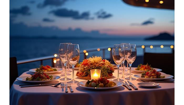 Elaborate gourmet meal served on the aft deck of a superyacht, illuminated by soft evening lighting.