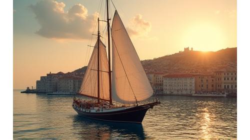 Ancient walled city of Dubrovnik, Croatia, seen from the Adriatic Sea with a traditional sailing yacht in the foreground.