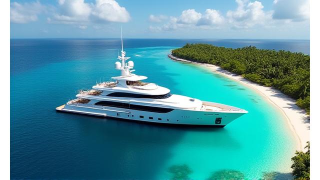 Massive 250-foot mega yacht anchored near a private island, multiple levels visible.